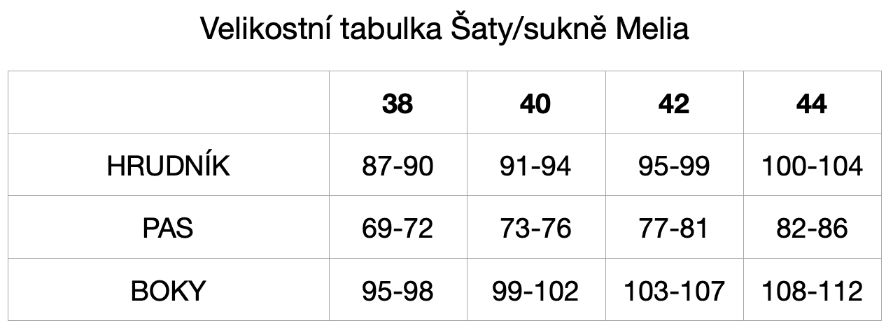 velikostní tabulka MELIA